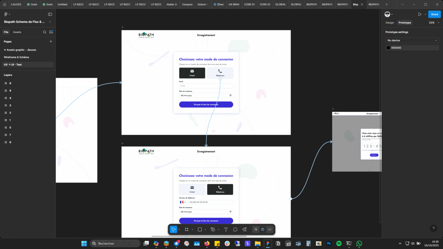 Prototype Figma — prise de rendez-vous : capture des flux d’interaction testés pour simuler le parcours patient, dans une solution digitale pensée pour fluidifier l’accès aux soins et optimiser l’expérience utilisateur.